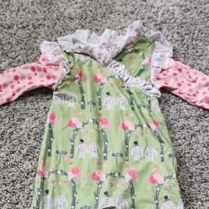 Green and Pink Ruffled Dress with Bunny Print